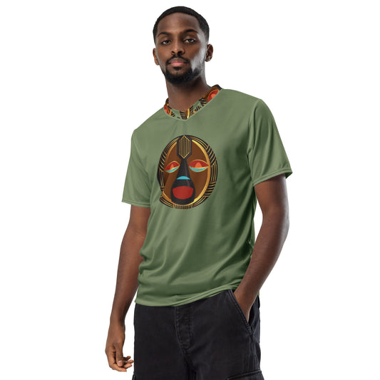 African Mask Design in Camo Green Recycled unisex sports jersey