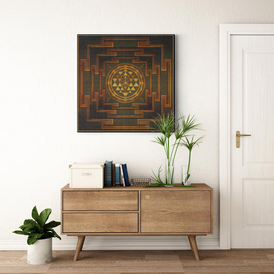 Three Layers Of Shree Yantra Gold Green Canvas Art