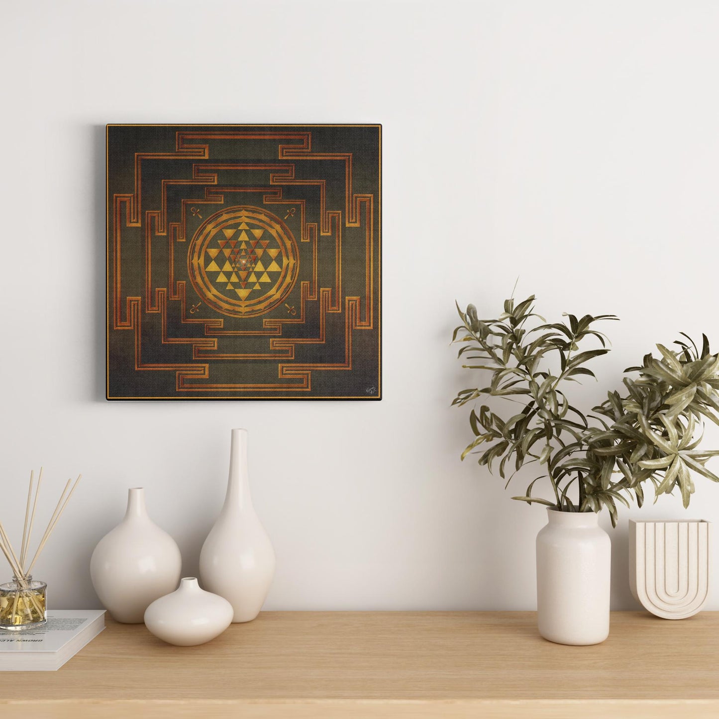 Three Layers Of Shree Yantra Gold Green Canvas Art