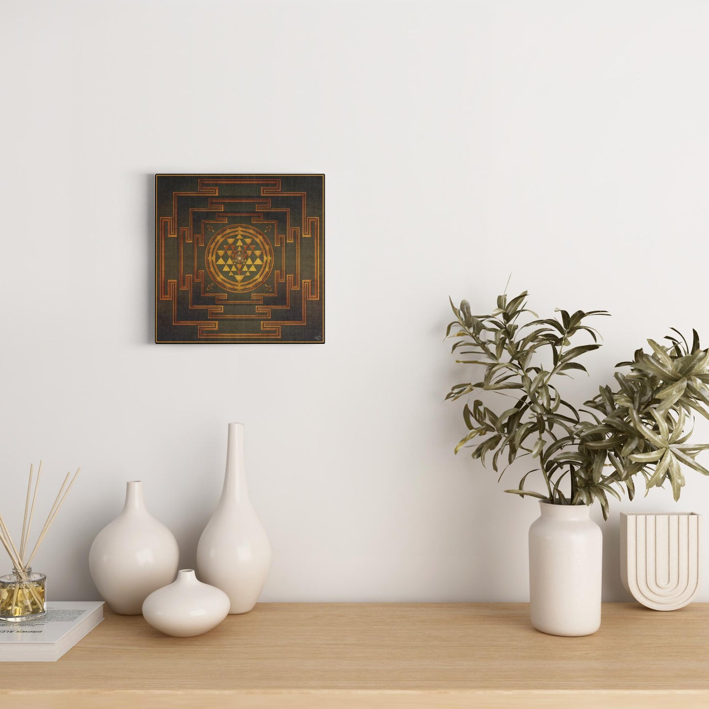 Three Layers Of Shree Yantra Gold Green Canvas Art