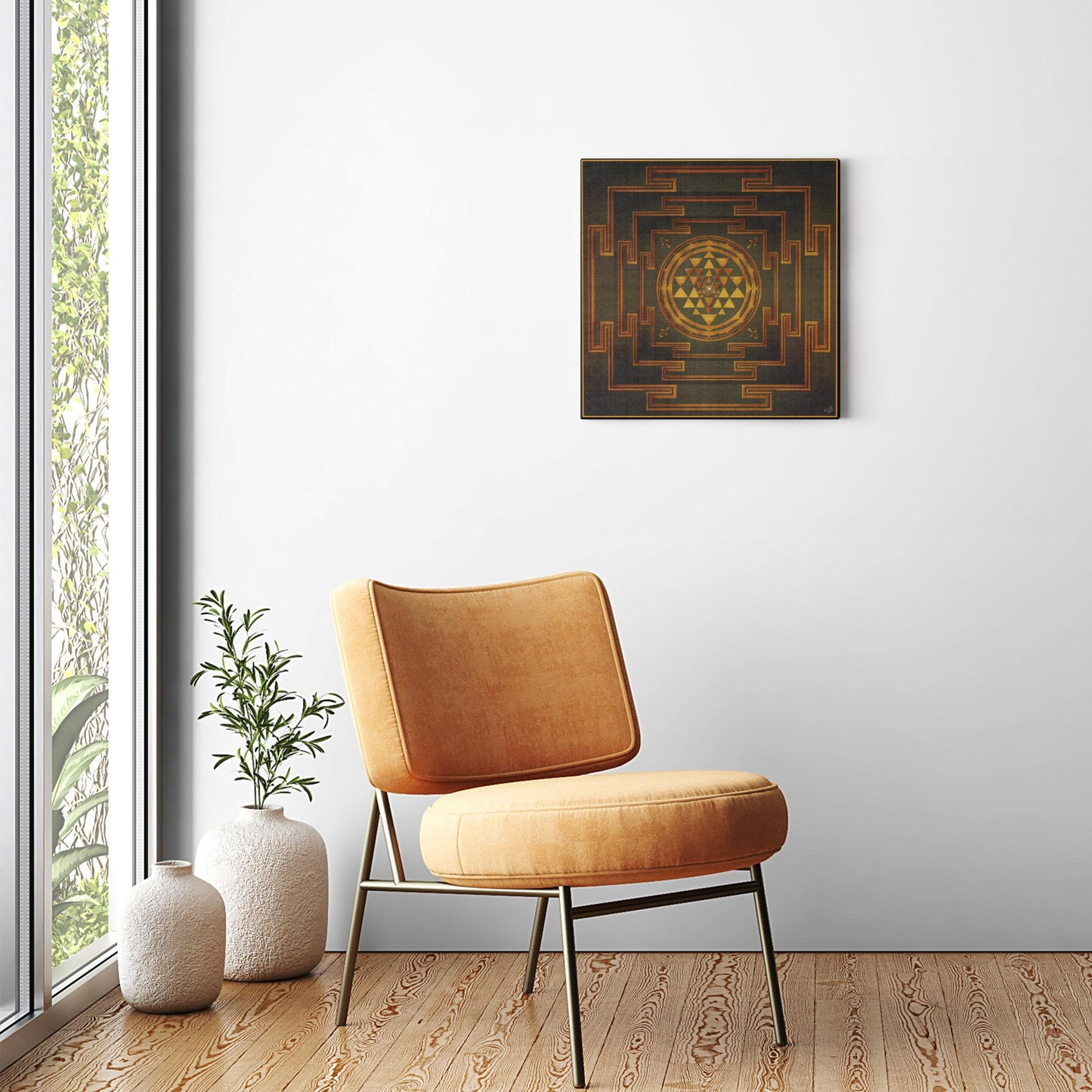 Three Layers Of Shree Yantra Gold Green Canvas Art