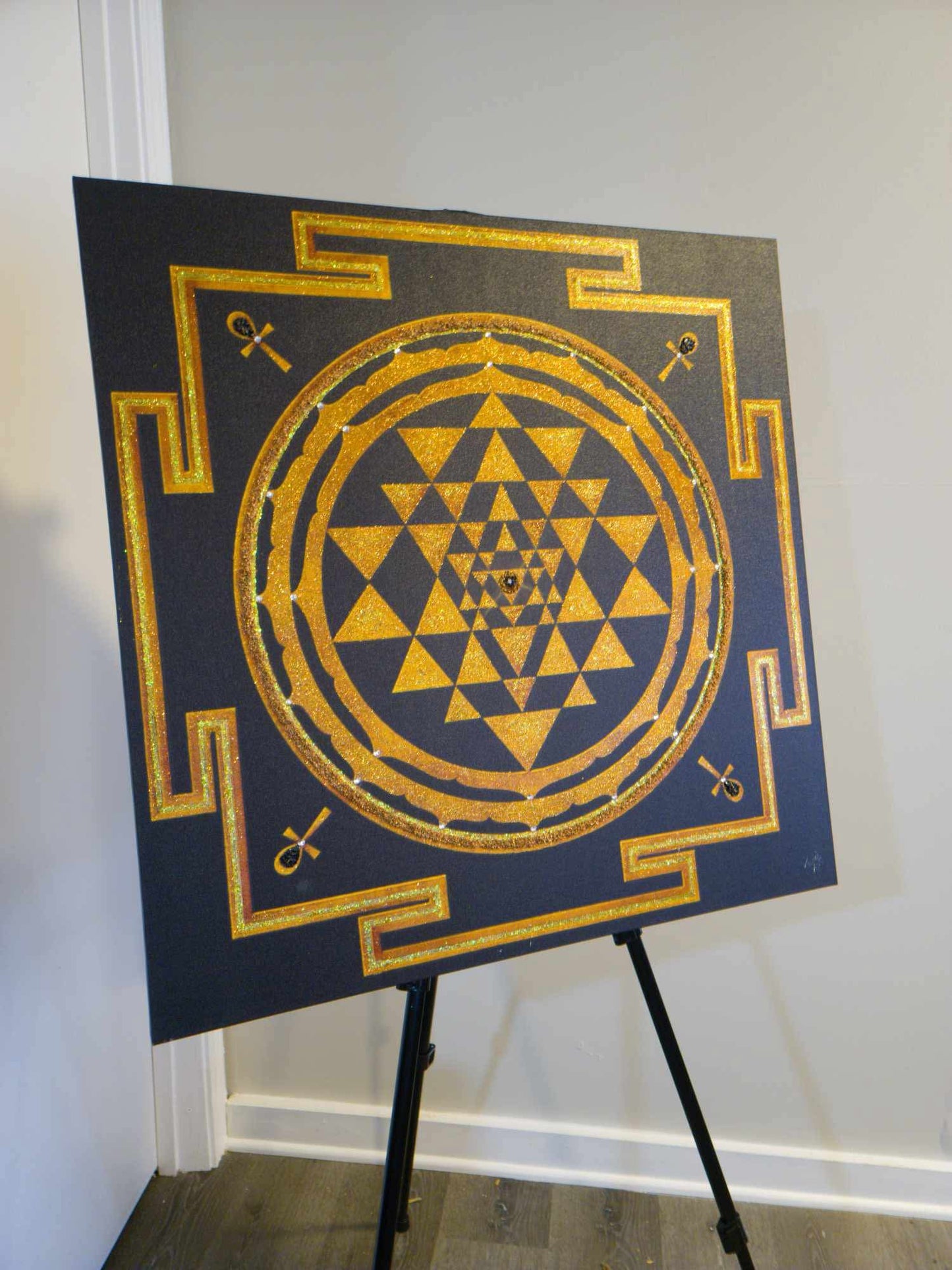 Classical Sri Yantra with 4 Ankhs, Black Onyx and Copper