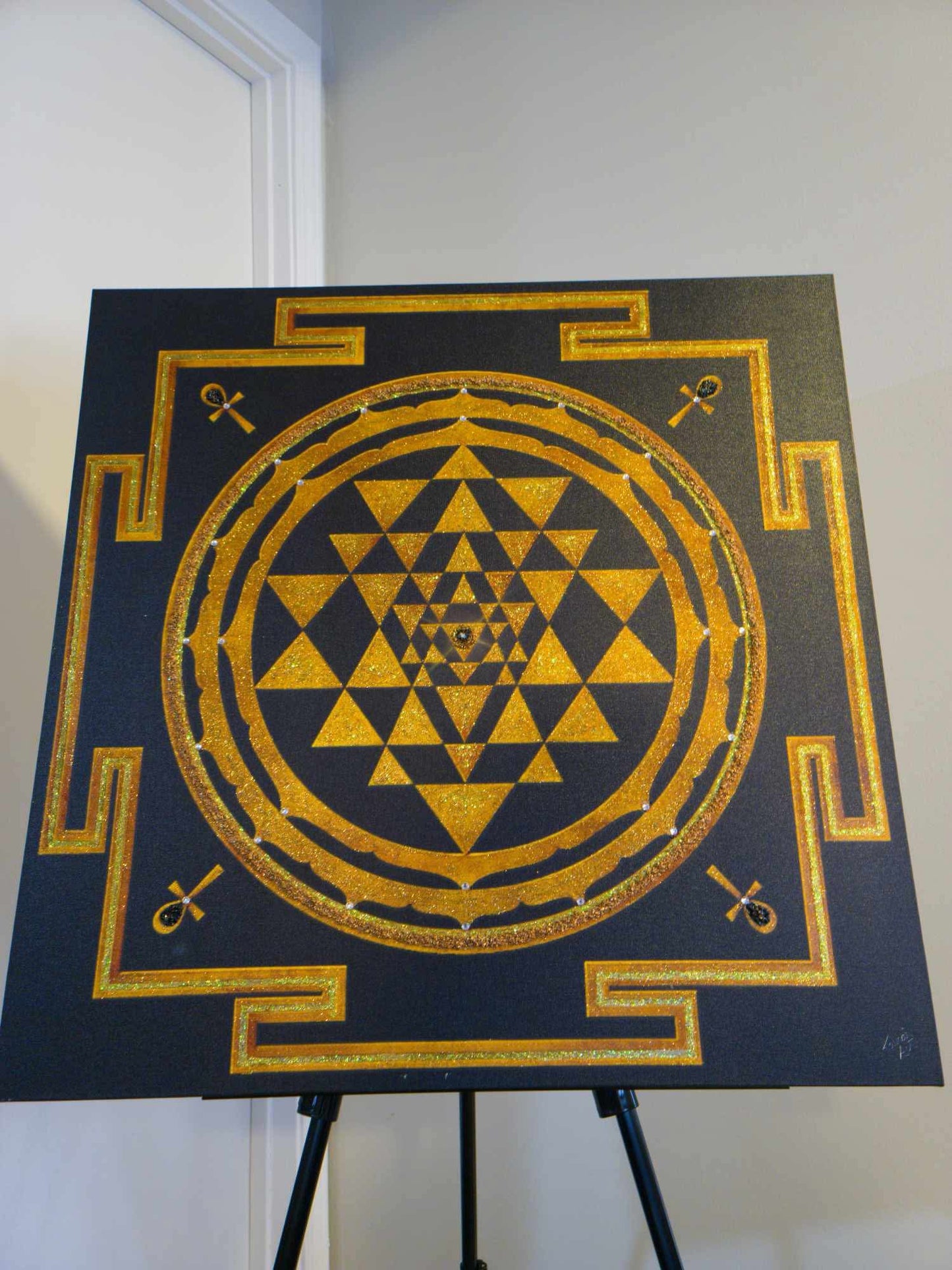 Classical Sri Yantra with 4 Ankhs, Black Onyx and Copper