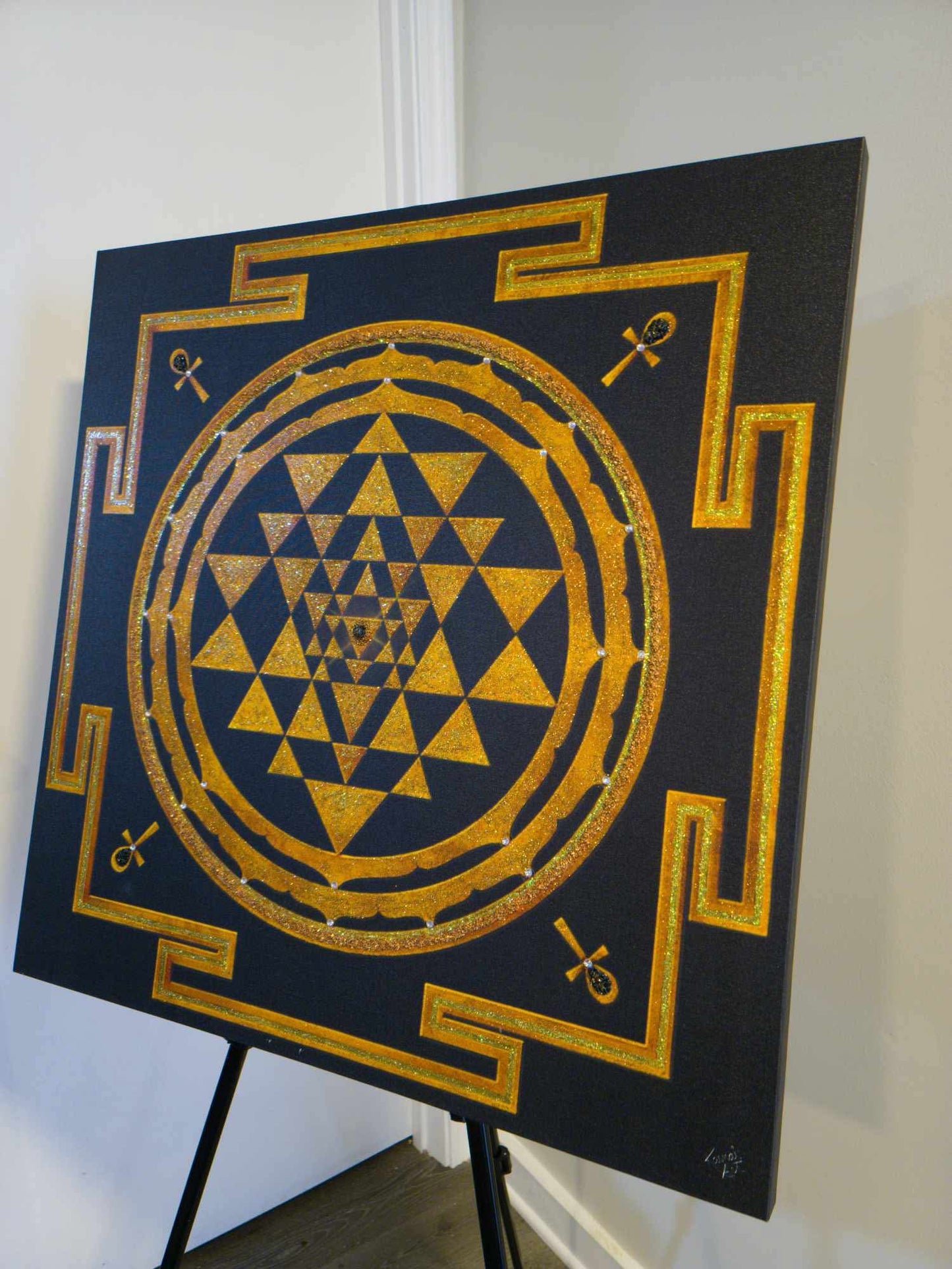 Classical Sri Yantra with 4 Ankhs, Black Onyx and Copper