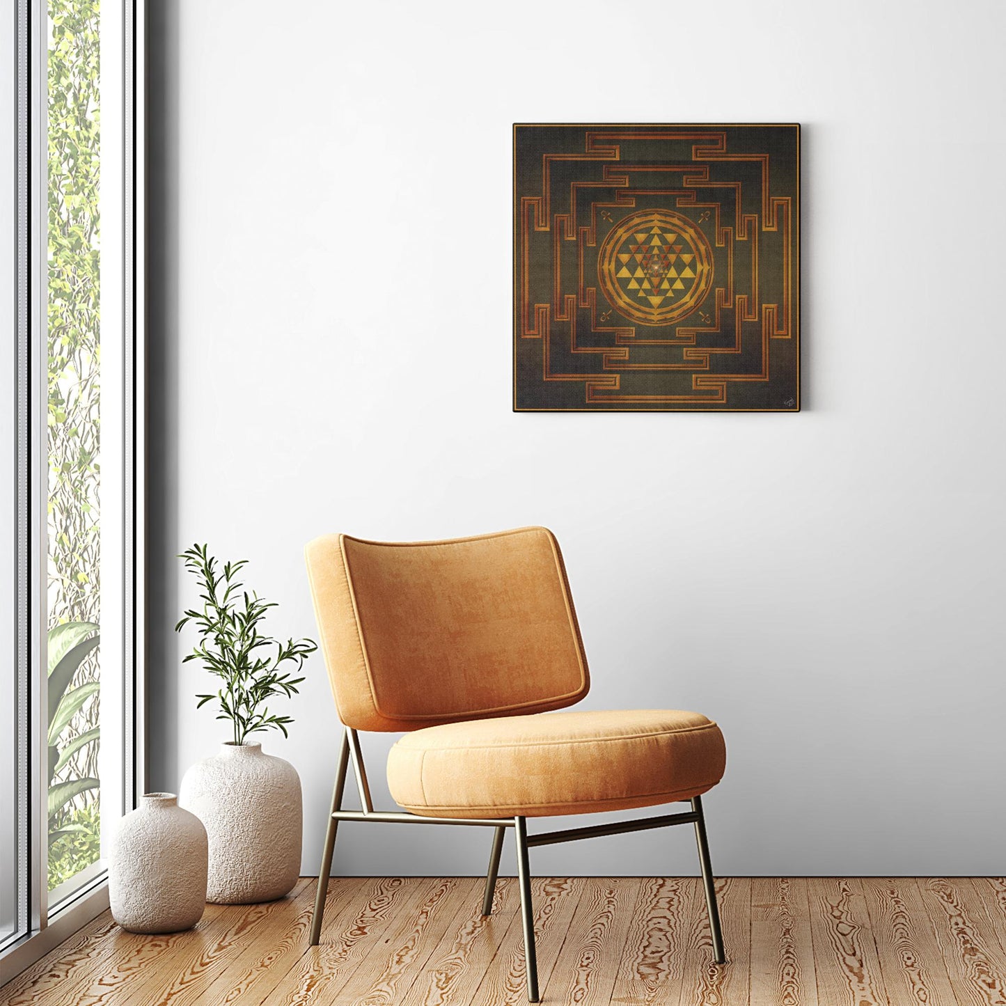 Three Layers Of Shree Yantra Gold Green Canvas Art