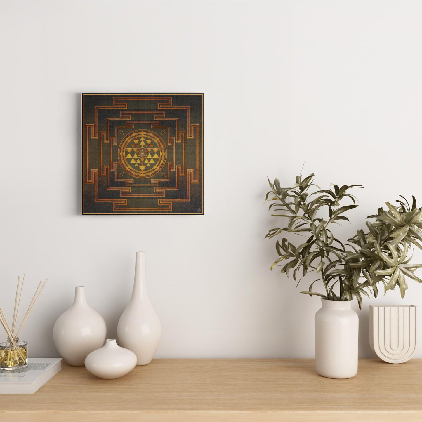 Three Layers Of Shree Yantra Gold Green Canvas Art