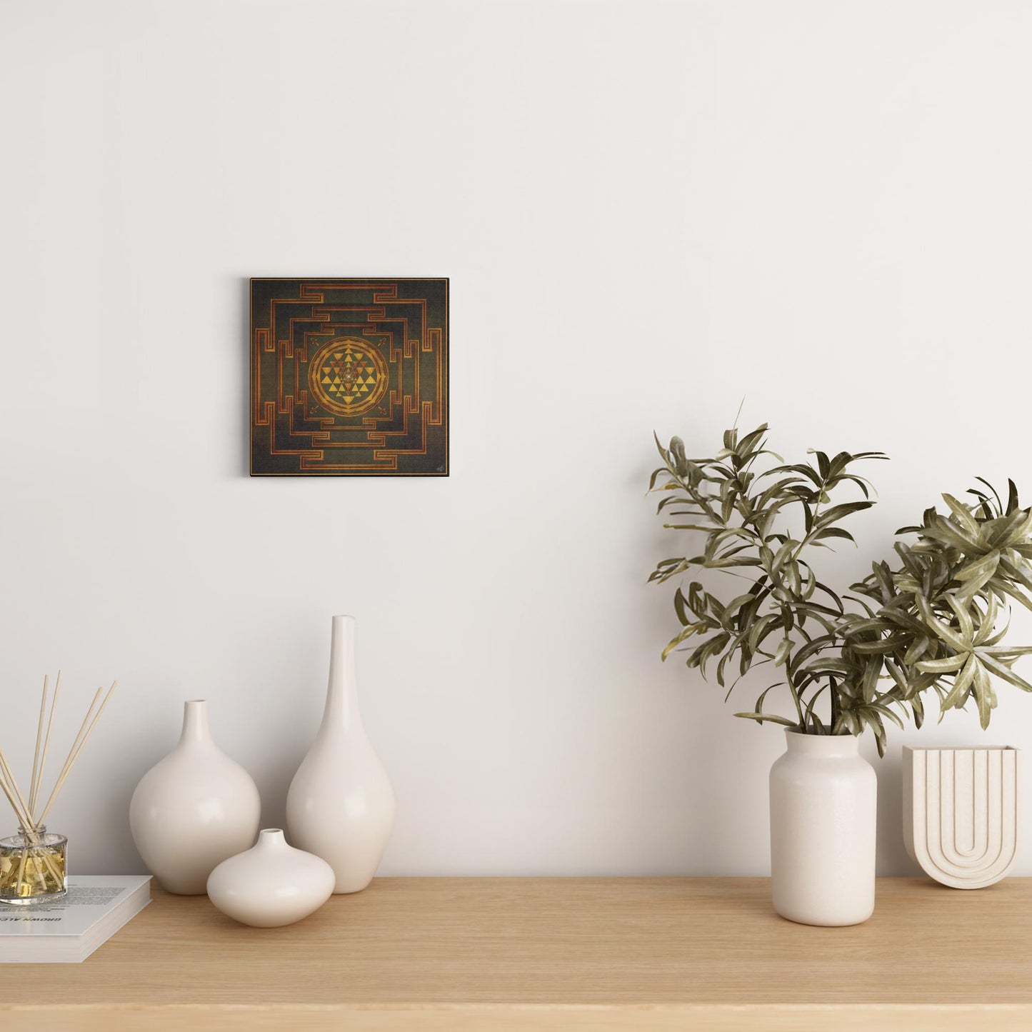 Three Layers Of Shree Yantra Gold Green Canvas Art