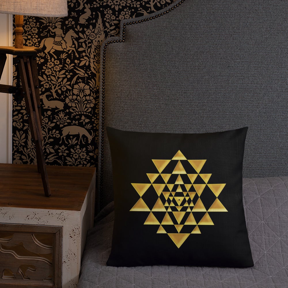 Sri Yantra Sacred Geometry Black and Gold Premium Pillow