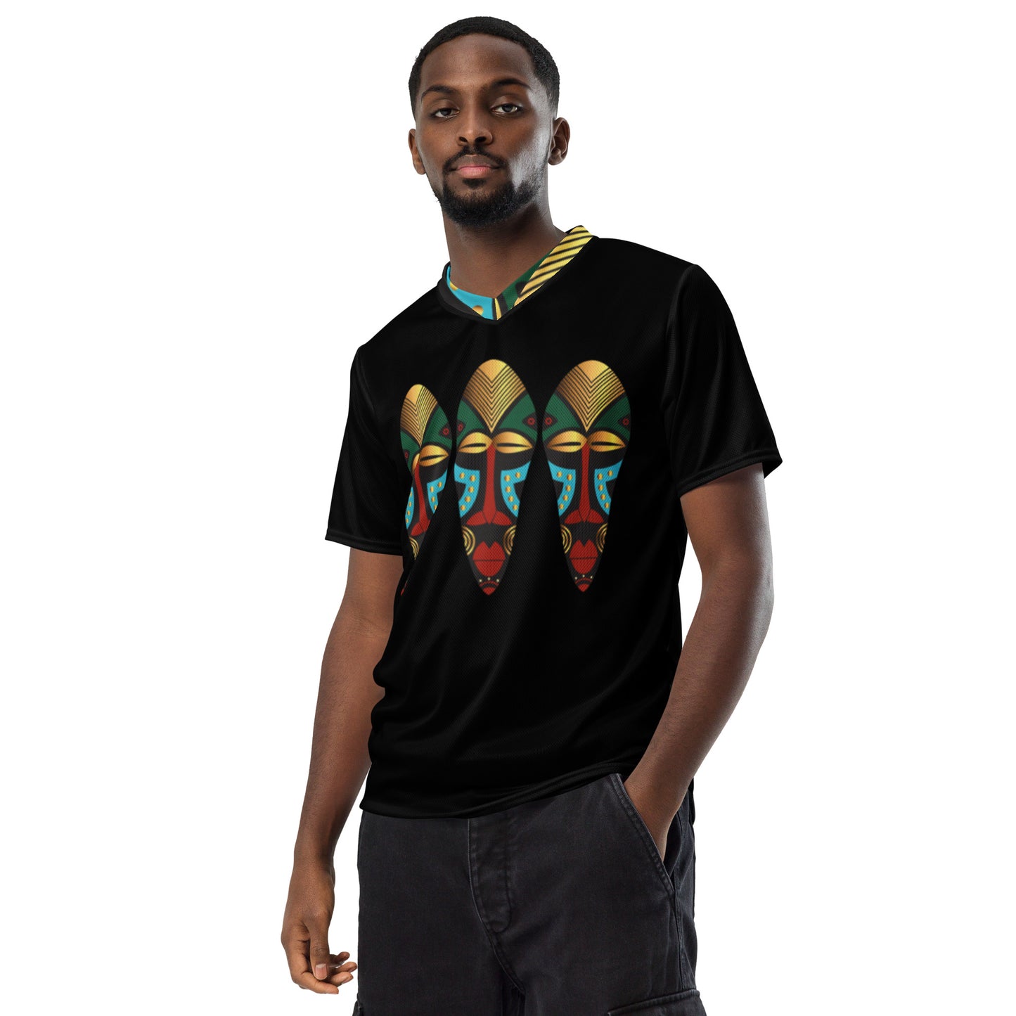 African Mask Design in Black Recycled unisex sports jersey