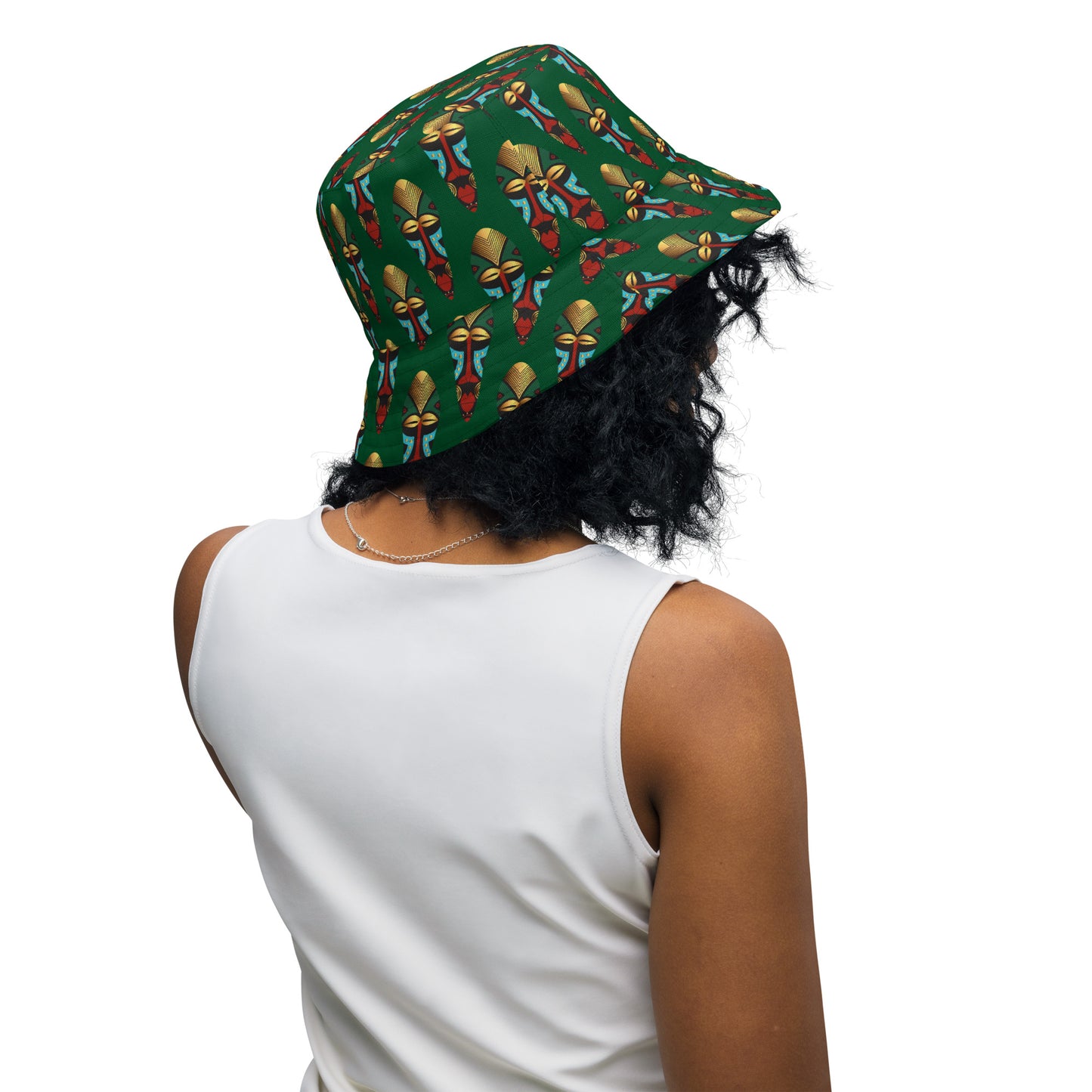 African Mask Green Reversible bucket hat