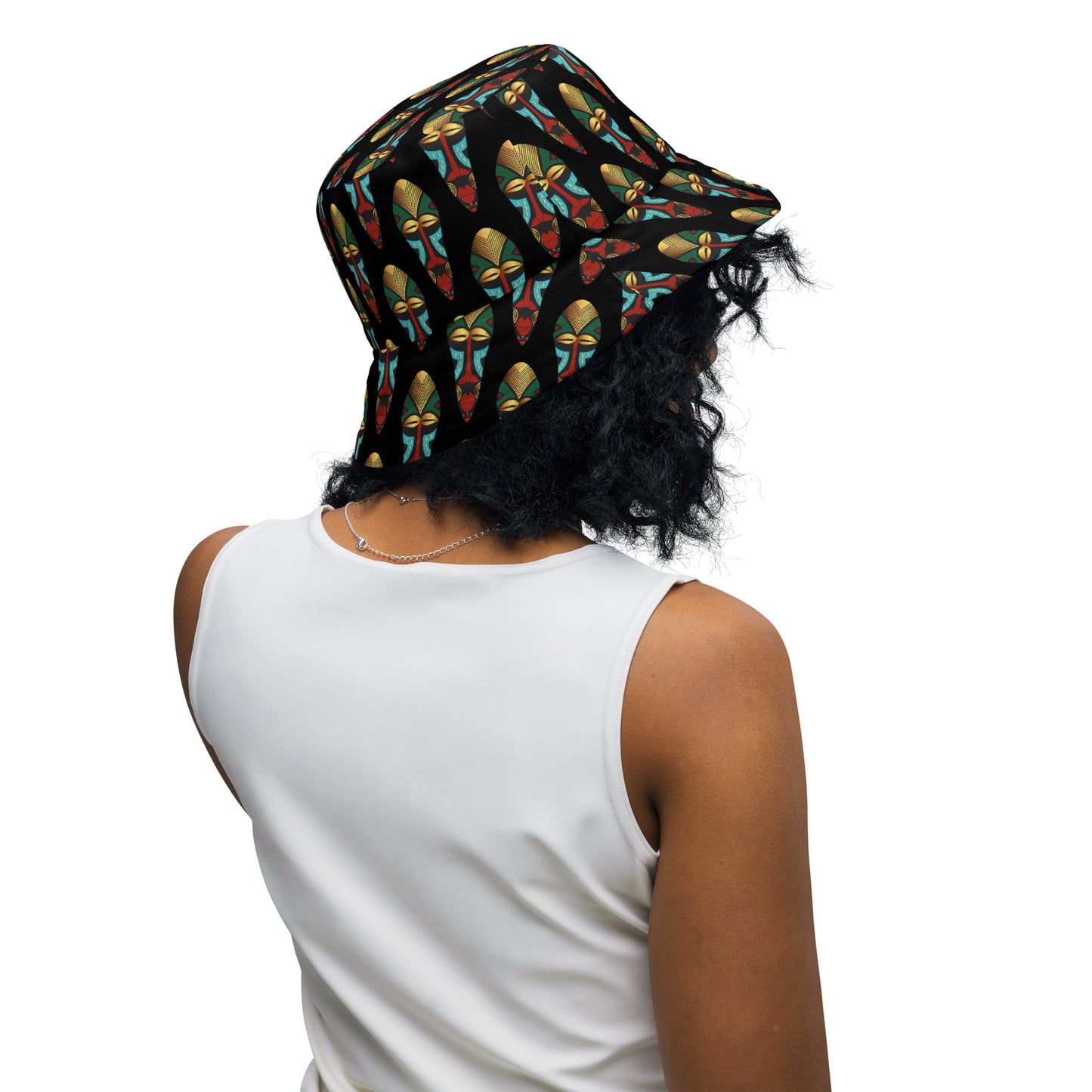 African Mask Black Reversible bucket hat