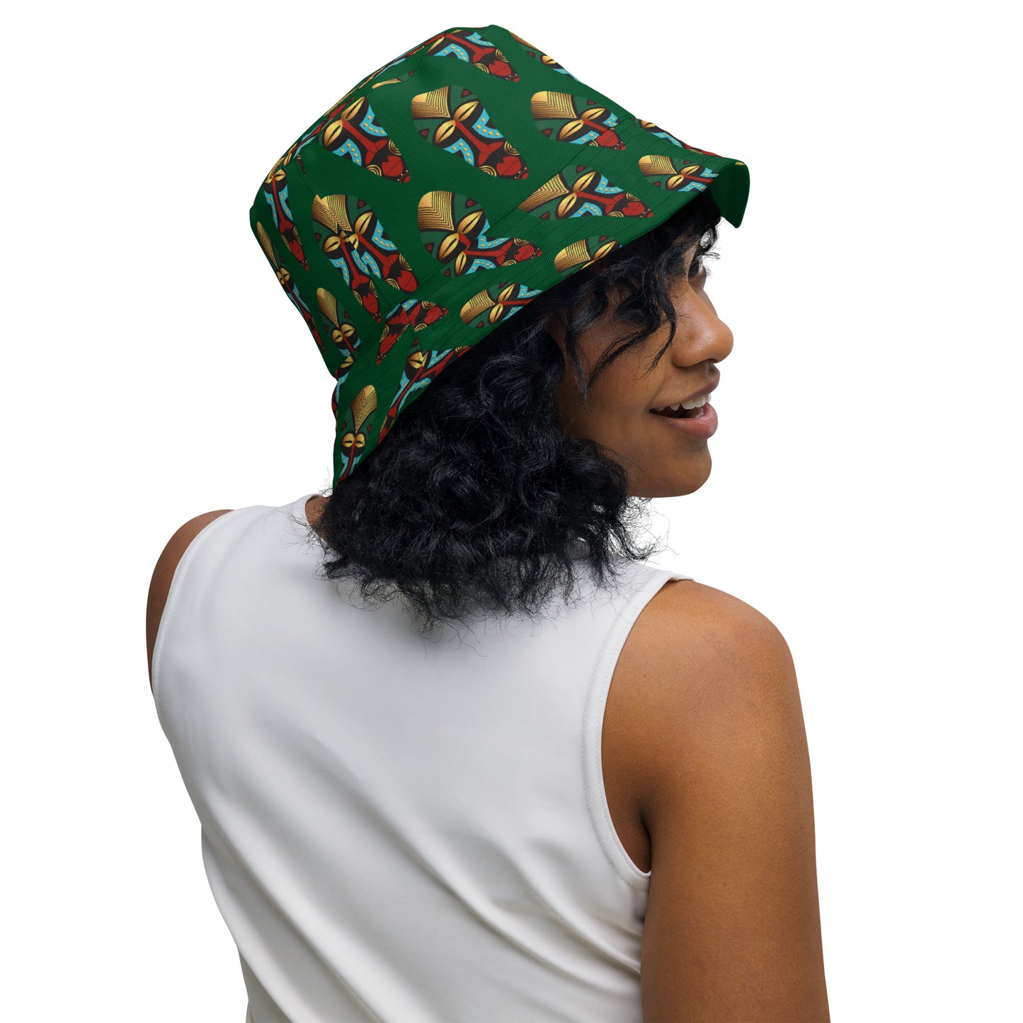 African Mask Green Reversible bucket hat