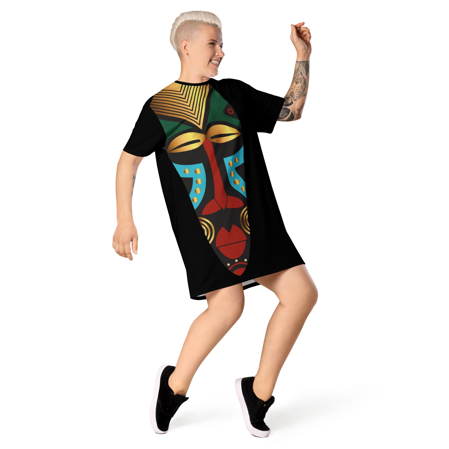 African Mask Black T-shirt dress